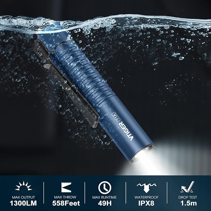 VTIGER T1A Mini Pocket EDC Flashlight with Clip,1300 Lumen Compact AA Rechargeable LED Little Flashlights, Super Bright Tail Switch Small Flash Light with Magnet for Camping,Hiking,Outdoor,Emergency