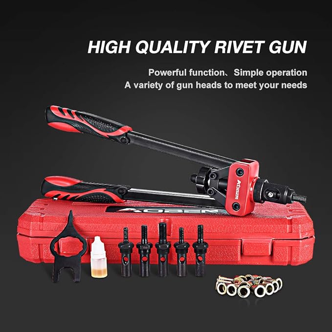 AOBEN 14" Rivet Nut Tool, Professional Hand Rivet Nut Setter Kit Labor-Saving and Compact Design Including 6 Interchangeable Mandrels 90pcs Rivnuts and 2 Mandrel Lock Pins