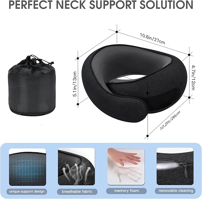 Neck Travel Pillows for Airplanes Memory Foam Neck Comfort Pillow Compact Ergonomic Design Sleeping Essentials for Long Flights Car Rides and Home Use (Black)