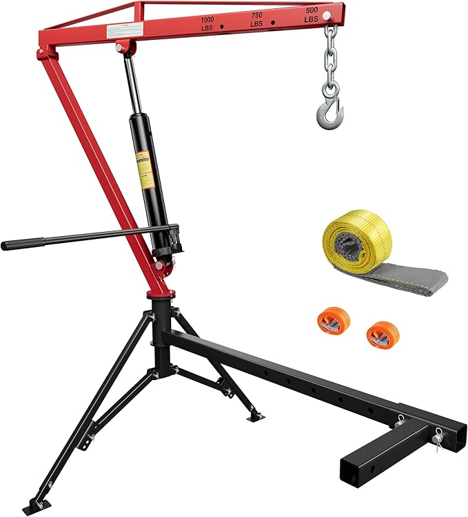 1000lbs Receiver Hitch Mounted Hydraulic 360° Swivel Truck Crane with 3 Boom Capacity Options: 500lbs, 750lbs, 1000lbs. Ideal for Workshops, Construction, Agriculture, and Logging, Red