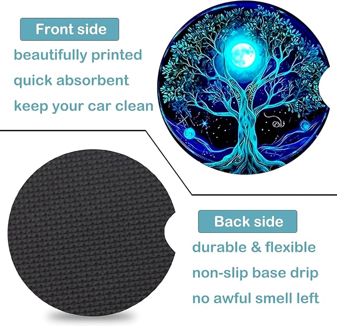 Car Coasters for Cup Holders,2 Pack Tree of Life Car Cup Holder Coasters,2.75" Universal Size Anti Slip Rubber Mat,Automotive Cup Holder Decal Decor Accessories,Good Luck Gifts for Women,Men