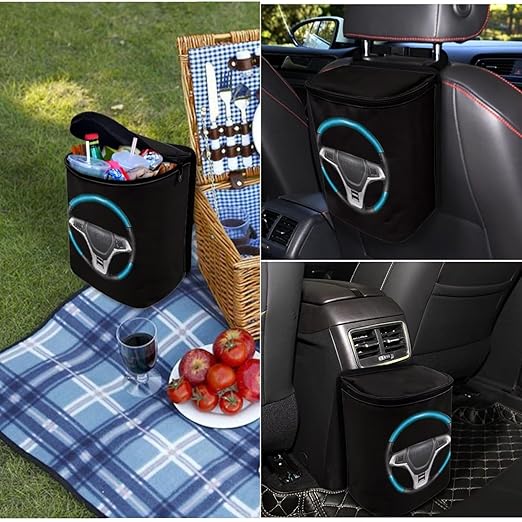 1.2 Gallons Trash Can for Cars SUV, Funny Print Backseat Driver Garbage Bag for Car, Adjustable Hanging for Tail of Console/Back of Seats, with Zipper Leak-Proof Lid Design, Trips Essential