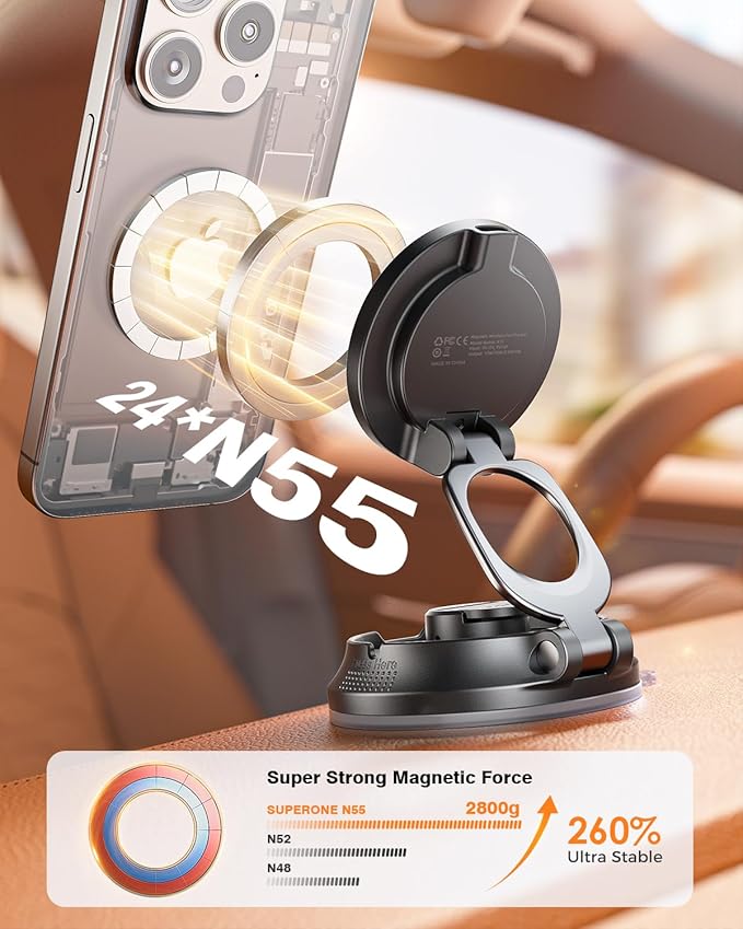 SUPERONE for MagSafe Car Mount Charger, 15W Magnetic Wireless Car Charger with Suction Cup, [Windshield+Dash] 360° Vacuum Phone Holders for Your Car for iPhone 17 16 15 14 13 12 Samsung with MagSafe