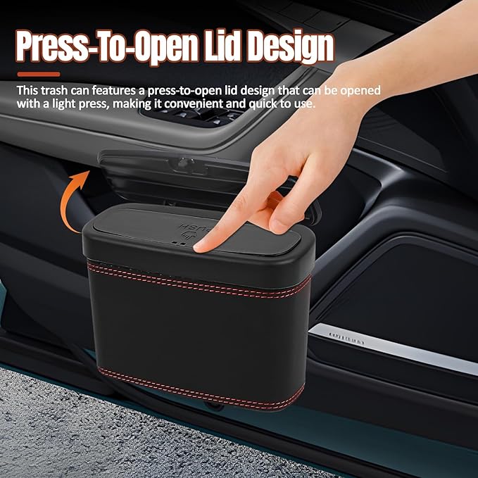 Wuyaoyao Car Trash Can with Lid, Leather Automotive Trash Bin with Garbage Bags, Leakproof Cars Door Hanging Garbage Can, Mini Multi-Purpose Vehicle Storage Organizer, Interior Car Accessories (Black)