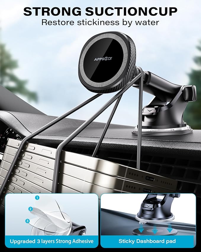 APPS2Car for MagSafe Car Mount, Magnetic Phone Holder for Car Dashboard Windshield iPhone Mount Holder Compatible with iPhone 17 16 15 14 13 12 Pro Plus Max, 17 Strong Magnets, Charging Not Supported