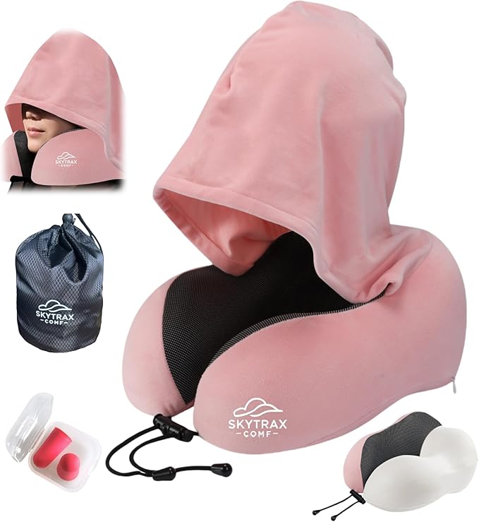 Travel Pillow with Extra Large Hood for Airplane Long Flights Privacy and Comfort Memory Foam with Velvet Cover for Road Trip Head&Neck Support for Plane Office Cars Sleeping & Rest (Pink)