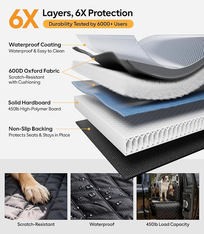 Wigoo Dog Car Seat Cover for Back Seat, 450lb Hardbottom Dog Hammock,Waterproof & Anti-Scratch Backseat Protector for 1-4 Large/Medium Dogs, Seat Extender for SUV Medium Truck, Size-L, Black+Orange