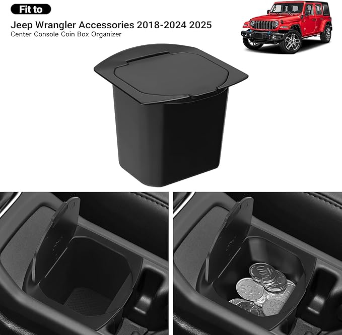 Center Console Coin Box Organizer for 2018-2024 2025 2026 Jeep Wrangler JL Gladiator JT Accessories Armrest Insert ABS Plastic Coin Holder Secondary Storage Box