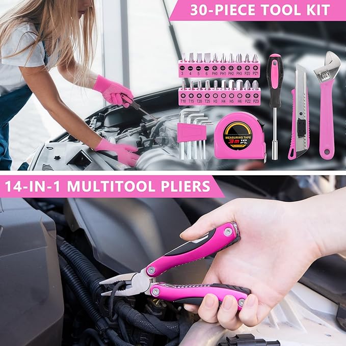 Car Emergency Kit with Portable Air Compressor - Roadside Assistance Emergency Kit with Jumper Cables, First Aid Kit, Auto Tool Set, Winter Safety Kit for Women, Men, Teen (Pink)