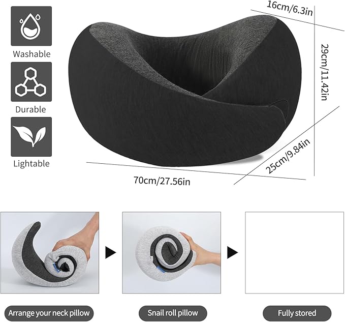 Travel Neck Pillow for Airplane – Memory Foam 360° Support Compact Design Ergonomic Flight Pillow for Sleeping & Neck Support Portable Travel Pillows for Adults, Car, Office Home (Black)