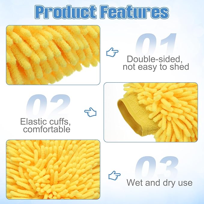 HARFINGTON Chenille Microfiber Car Wash Mitts 9" x 5.5" Scratch Free Wash Gloves Absorbent Double Sided Plush Cleaning Drying Mitts for Car Washing Home Clean Yellow