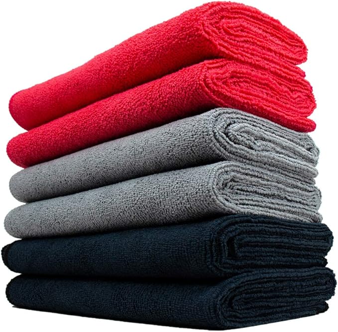 The Rag Company - Car Wash Towel - Professional Microfiber Auto Detailing and Drying Towels, Lint-Free, Streak-Free, Great for General Cleaning, 320gsm - 16in x 27in - Red + Grey + Black (Pack of 6)