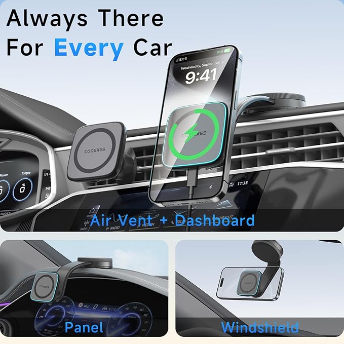 for MagSafe Car Mount Charger with 15W Fast Wireless Charging, Magnetic Car Phone Holder 【Windshield+Vent+Dash】 with Bendable Memory Alloy Arm, 108LB Suction Phone Mount for iPhone 17 Pro Max