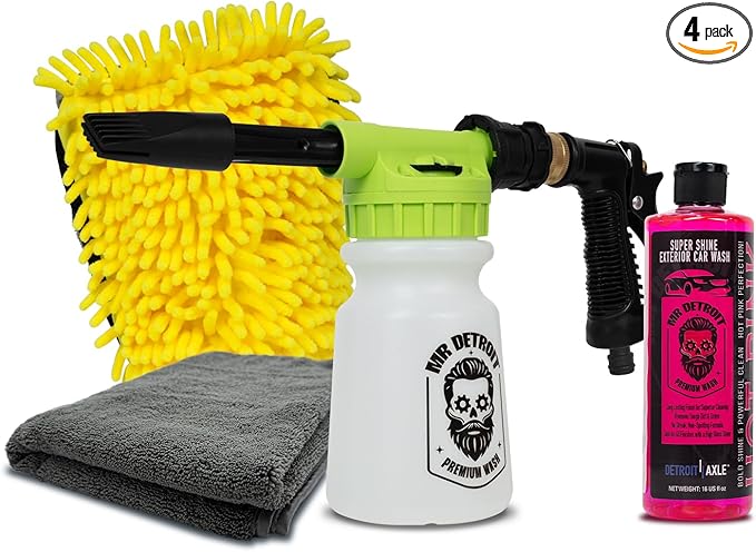 Mr. Detroit - 4pc Car Wash Kit with Foam Blaster, 16oz Car Wash Soap, Chenille Car Wash Glove, Drying Towel, Scratch-Free Foam Cannon Streak-Free Exterior Cleaning for Auto Detailing & Home Use