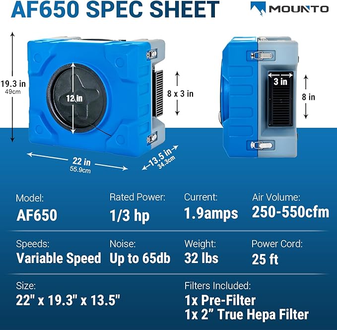 MOUNTO 550cfm Hepa Air Scrubber Industrial Air Cleaner- 550cfm Portable Air Purifier w/Variable Speed, Dual Outlet for Fire/Water Damage Restoration, Construction & Painting, Janitorial (Blue)