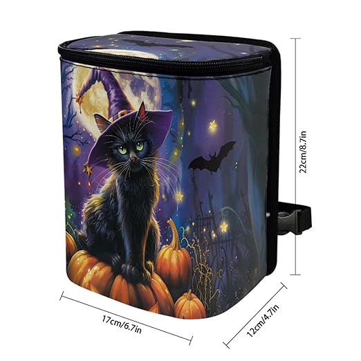 1.2 Gallons Car Trash Can with Lid, Witch Cat Halloween Vehicle Trash Can for Truck, Adjustable Hanging for Tail of Console of Seats, with Zipper Leak-Proof Lid Design, Washable Easy to Clean