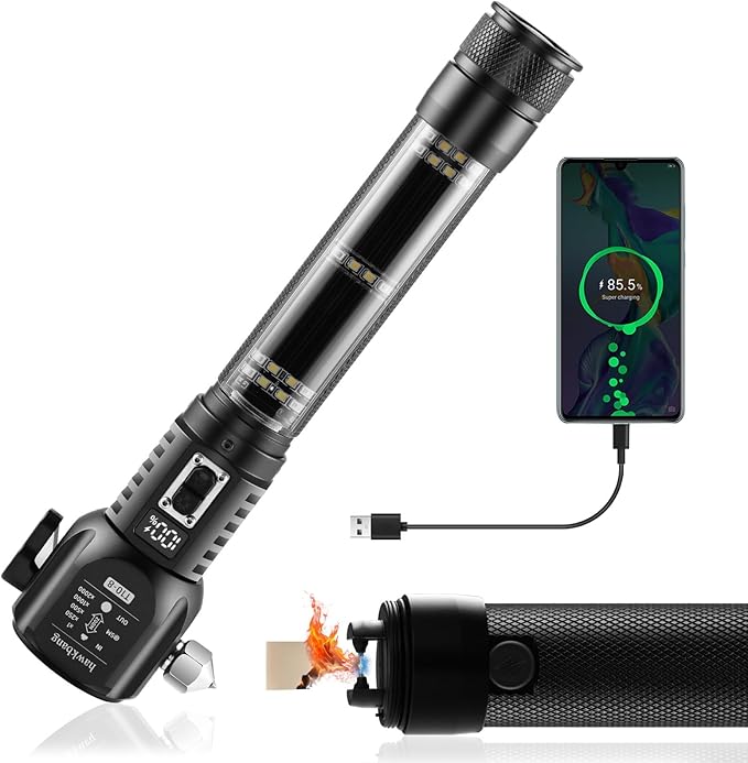 18-in-1 Car Safety Hammer Solar/USB Rechargeable Flashlight High Lumens with Electric Lighter Window Breaker Seatbelt Cutter Power Bank Emergency Work & Strobe Light for Car Repair Escape