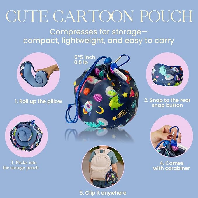 SKYTRAX® Certified Kids Safe Memory Foam Travel Neck Pillow for Kids and Toddlers, Cute Cartoon Design, Car Seat & Airplane Head Neck Support, Adjustable Snap Button, Washable Soft Cover (Dinosaur)