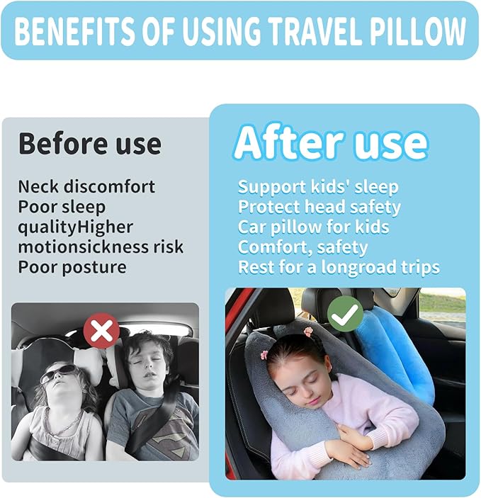 Travel Pillow, Car Pillow for Kids, Car Seat Pillow for Adults, Travel Pillow for Kids with Adjustable Strap, Support Head and Neck on Road Trips, Long Car Ride Essentials, Blue