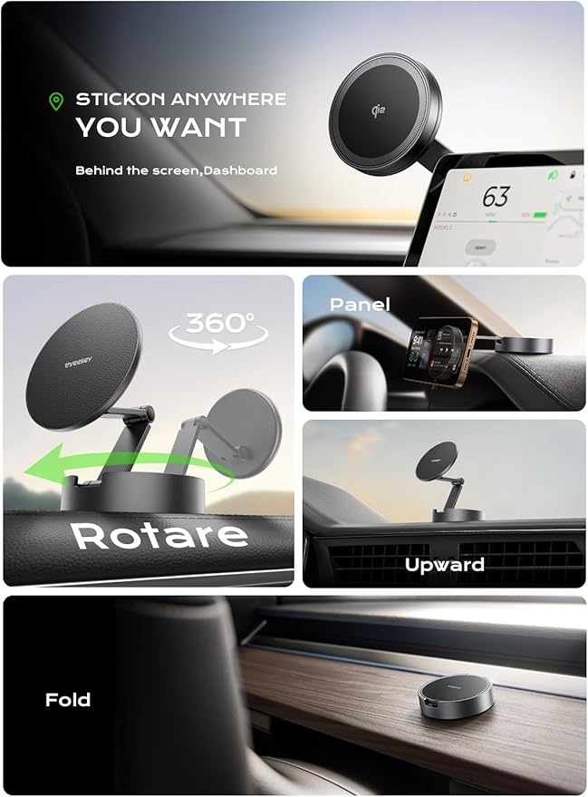 THREEKEY Qi2 Certified MagSafe Car Mount Charger,Car Wireless Charger,15W Magnetic Charger Fast Charging,Retractable Phone Holder with 360°Rotation,Car Mount for iPhone17-12&Galaxy S25 Ultra
