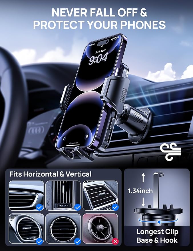 Firm-hold Air Vent Car Phone Holder for iPhone,Rotatable Universal Phone Mount with Adjustable Wide Clamp Metal Hook,Anti-vibration,Single-press Release,Heat-resistant,(Upgrade Hook Clip Never Shake)