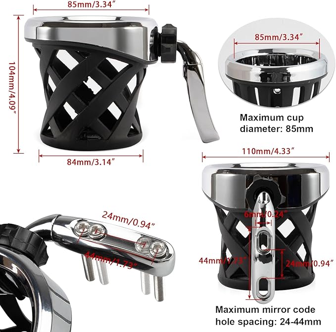 PSLER Motorcycle Drink Cup Holder Handlebar Mount Universal for Dyna Fat Bob Touring Road Glide Street Electra Glide Softail 1996-up Goldwing GL1800 2018-up (Chrome, 85mm)