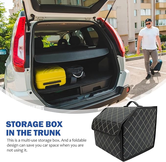 Car Trunk Leather Organizer Small Foldable Vehicle Trunk Storage Box with Grid Pattern Thread for SUV and Sedan Cargo Management