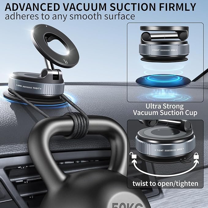 Vacuum Suction Magnetic Phone Holder, 2025 Upgraded Vacuum Suction Cup Mount for Magsafe, 360° Adjustable Foldable Portable Magnetic Car Phone Stand for Cars/Gyms/Mirrors/Smooth Surface (White)