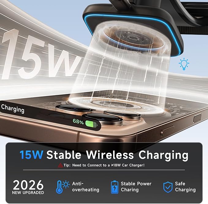 for MagSafe Car Mount Charger with 15W Fast Wireless Charging, Magnetic Car Phone Holder 【Windshield+Vent+Dash】 with Bendable Memory Alloy Arm, 108LB Suction Phone Mount for iPhone 17 Pro Max