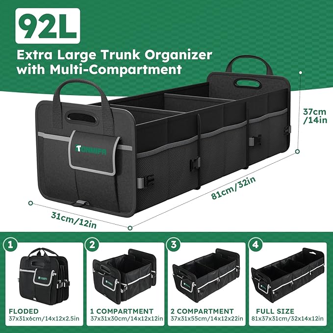 112L Large Capacity Car Trunk Organizer with 20L Insulated Fresh-Keeping Bag, Heavy-Duty 600D Waterproof Oxford Collapsible Storage for SUV, Sedan, Truck, 2 Securing Hooks & Reflective Strips
