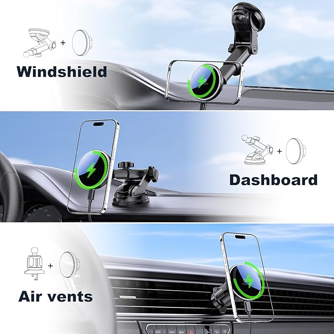 MOKPR for Mag-Safe Car Mount Charger, Magnetic Phone Holder for Your Car Charger Dash Windshield Vent Magnetic Wireless Car Charger Mount for iPhone 17 16 15 14 13 12
