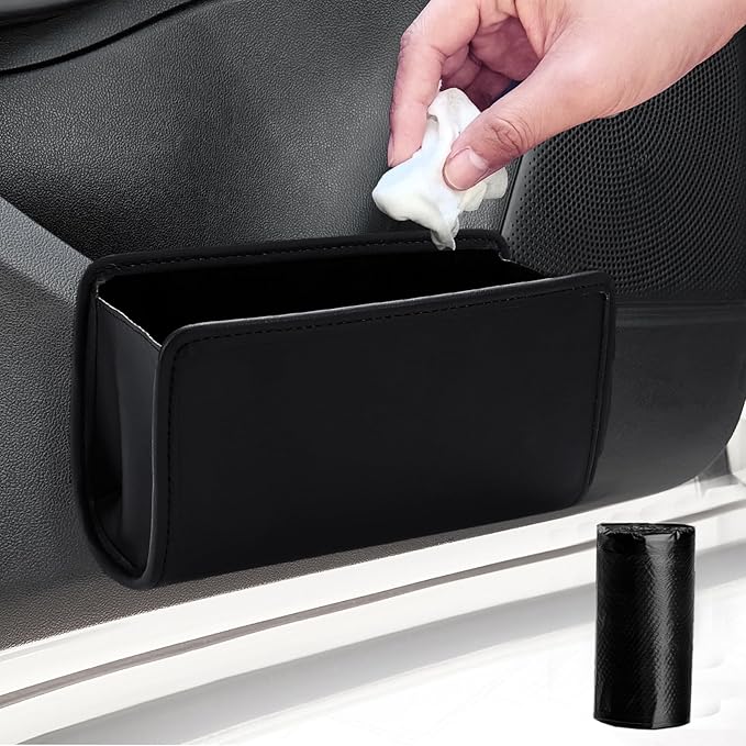 Accmor Car Trash Can, Collapsible Leather Vehicle Trash Bin Car Dustbin Garbage Organizer Holder with 2 Rolls Trash Bag, Foldable Hanging Mini Cars Storage Bag Container for Auto, SUV (Black)