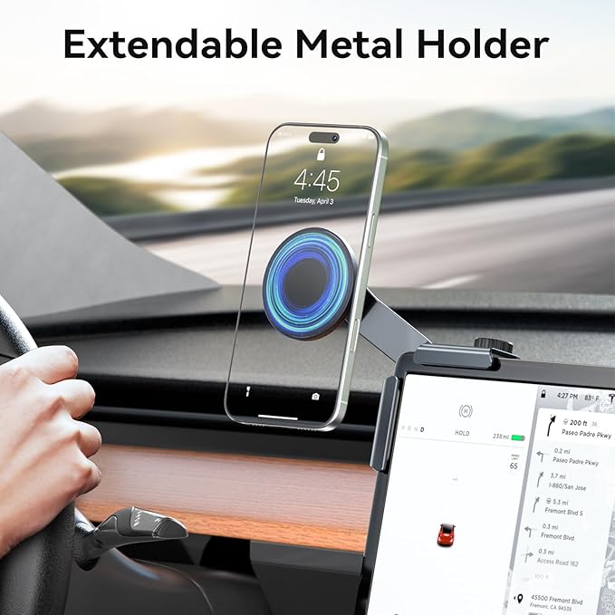 CloudValley Upgrade Phone Mount Car Holder for Tesla Model 3/ Y/Cybertruck, 【Extendable Metal Holder】 Magnetic Model Y Juniper Stand, Compatible with iPhone MagSafe 17/16/15/14/13/12,Gray