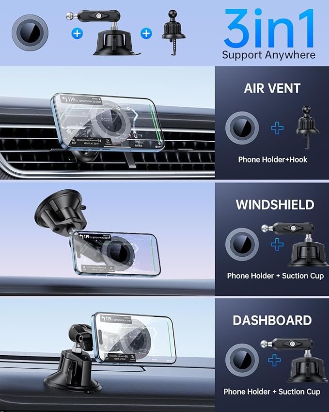 Magnetic Car Phone Holder [3-in-1] for Dashboard, Windshield & Vent, with Strong Suction Cup, Adjustable Metal Arm & 360° Rotation, Universal Phone Mount for All Cell Phones