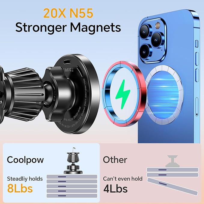 Coolpow for Magsafe Car Mount Charger【100% Stable】 15W Magsafe Car Charger Magnetic Phone Holders for Your Car Accessories for Women Men car Phone Holder Wireless Car Charger for iPhone