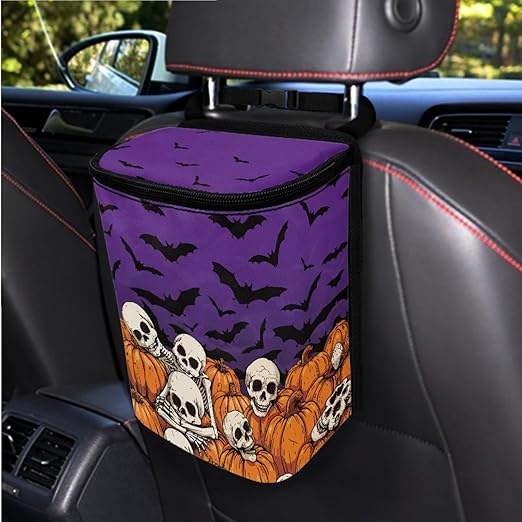 1.2 Gallons Car Organizers and Storage, Skeletons Halloween Print Car Garbage Bin, Adjustable Hanging for Tail of Back of Seats, Easy to Install, Odor-Free with Zipper Leak-Proof Design