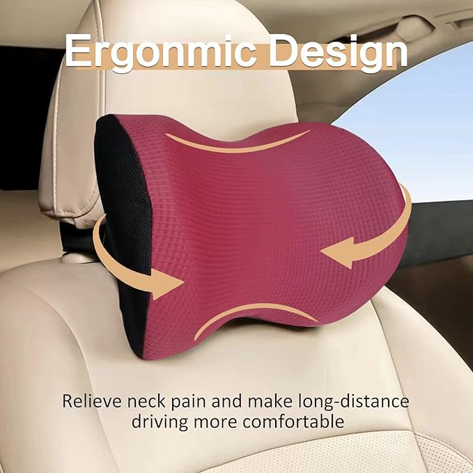 Super Great Car Headrest Pillow, Car Pillow for Neck Pain Relief with Adjustable Strap, 100% Memory Foam & Breathable Removable Cover, Ergonomic Design - Softness Travel Car Neck Pillow(Wine-Red, 1PC)