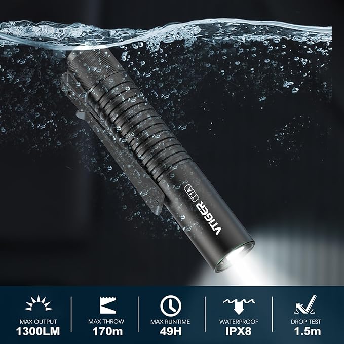 VTIGER T1A Mini Pocket EDC Flashlight with Clip,1300 Lumen Compact AA Rechargeable LED Little Flashlights, Super Bright Tail Switch Small Flash Light with Magnet for Camping,Hiking,Outdoor,Emergency