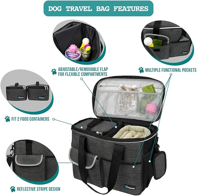 PetAmi Dog Travel Organizer with Food Container and Bowls, Weekend Camping Accessories - Charcoal, Medium