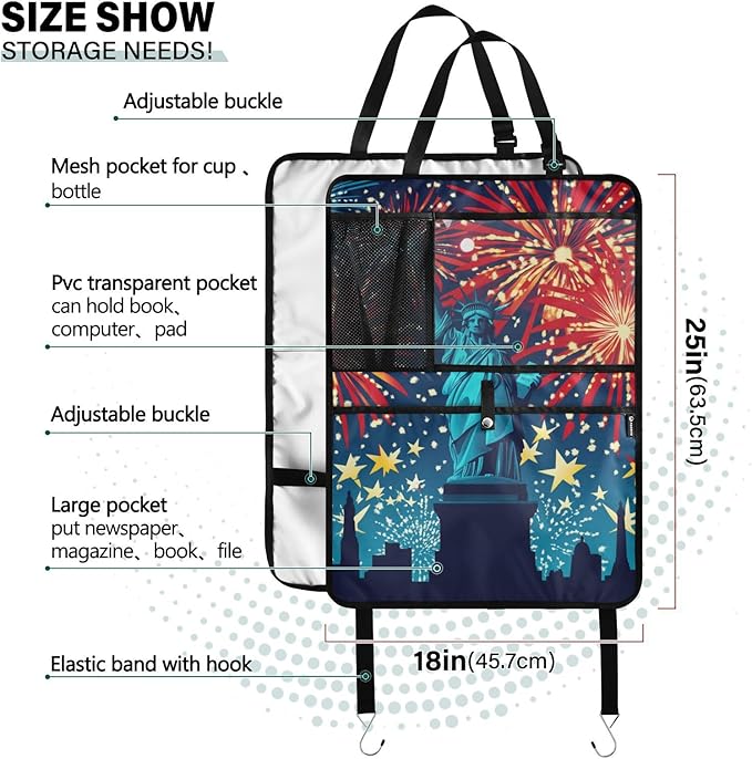 July 4th Fireworks Statue Of Liberty Blue 2 Pack Backseat Car Organizer with Storage Pockets Seat Back Organizers for Kids Kick Mats Backseat Protector Automotive