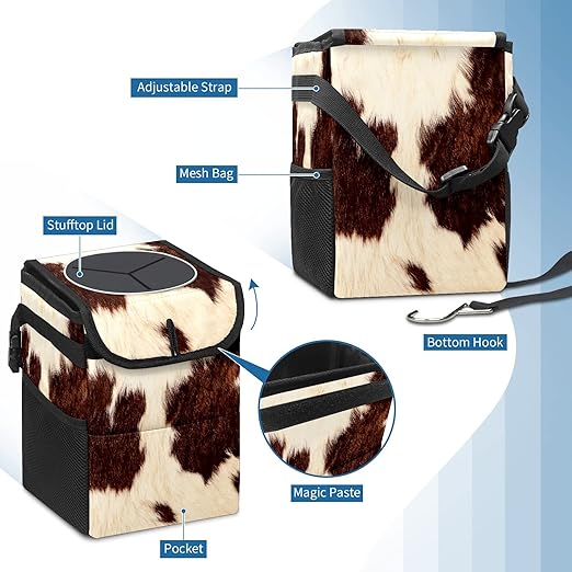 Cowhide Car Trash Can with Lid Collapsible Reusable Waterproof Car Garage Bag,Automotive Garbage Can,Car Accessories Interior Car Organizer One Size