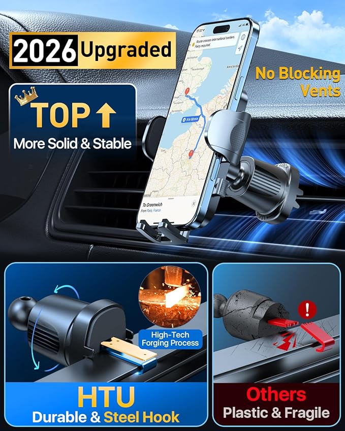 HTU Upgraded Strongest Suction Car Phone Holder Bendable Arm, Never Block View Rotatable Cellphone Mount for Dashboard Windshield Vent, Cradle Stand for iPhone 17 16 15 14 13 12 Pro Max (Black)