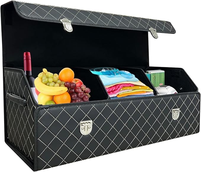 Trunk Organizer for SUV, Car Organizer Trunk Leather Storage, Cargo Storage Automotive Consoles Organizers-Multi-Compartment Adjustable Auto Grocery Storage Box