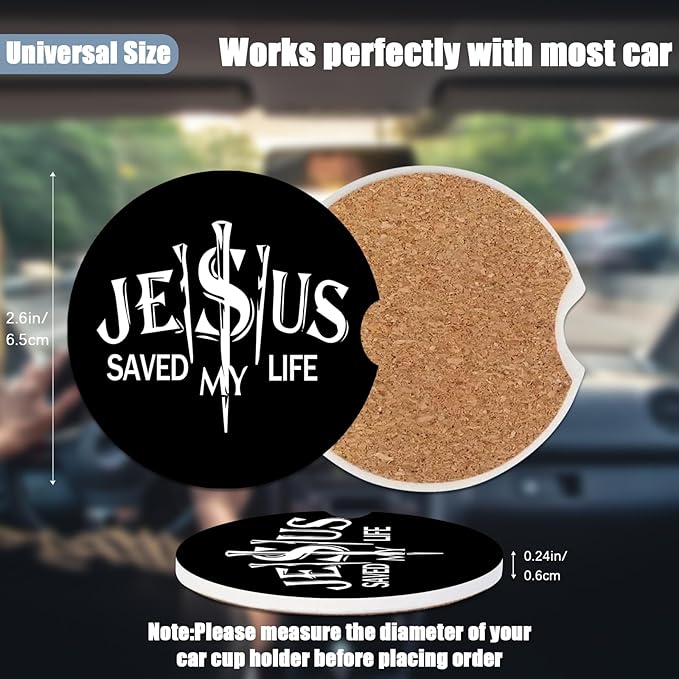 Christian Religion Cup Holders Car Coasters - Jesus Saved My Life Absorbent Ceramic Coaster, Drink Cup Holder Coasters, Auto Accessories for Women & Men, Pack of 2