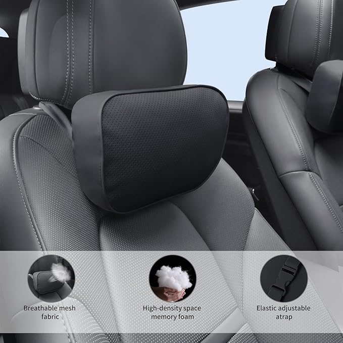 CarCarte Car Headrest Pillow, 2 Pack Car Neck Pillows for Neck Support, Super Soft Ergonomic Du-Pont Bio Cotton Head Rest Pillow for Driving Travel Pillow with Adjustable Strap (Black, Shaped Style)