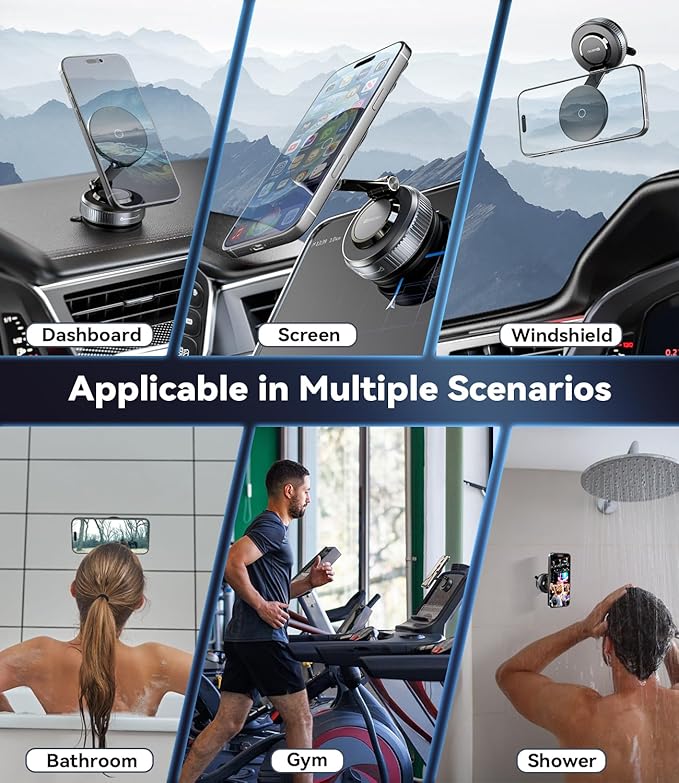 Vacuum Magnetic Phone Holder, 360° Adjustable Magnetic Car Phone Holder, 2025 Upgraded Magsafe Suction Cup Phone Mount for Your Car/Gym/Mirror Mount for iPhone & Android