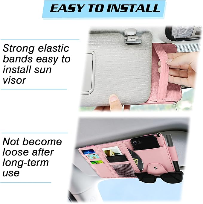 Car Sun Visor Organizer, Leather Pocket Organizer Sunglass Holder for Car Interior Accessories with Multi-Pocket Net Zipper (Pink)