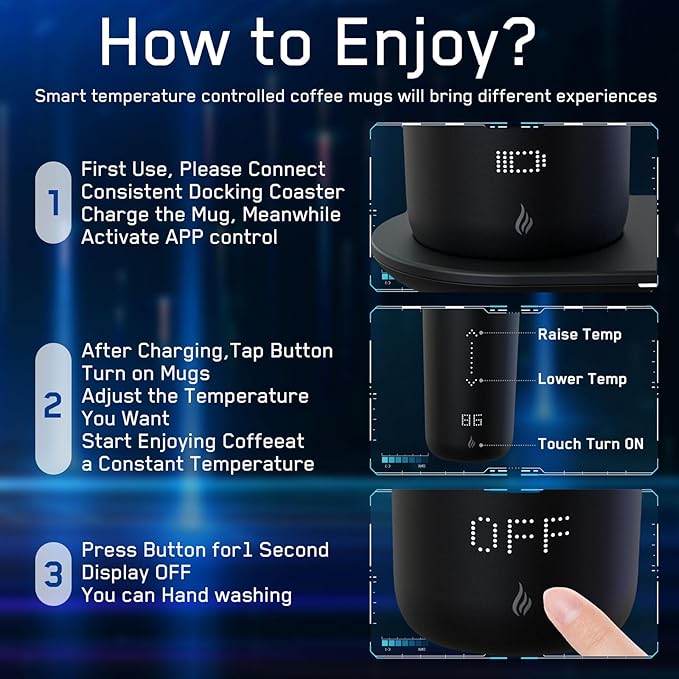 Temperature Control Heated Coffee Mug Smart Self Heating Travel Mug 12 Oz App Controlled Warmer Mug 4-10 Hour LED Display Keep Coffee Hot Fast Wireless Charger Base Iron Black