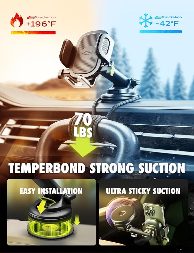 Bracketron Easy OneClick Cell Phone Holders for Your Car, Universal Car Mount Suction Cup for Dashboard Windshield Air Vent Truck Stand, for iPhone Samsung Google, All Smartphones & Car Models, Black