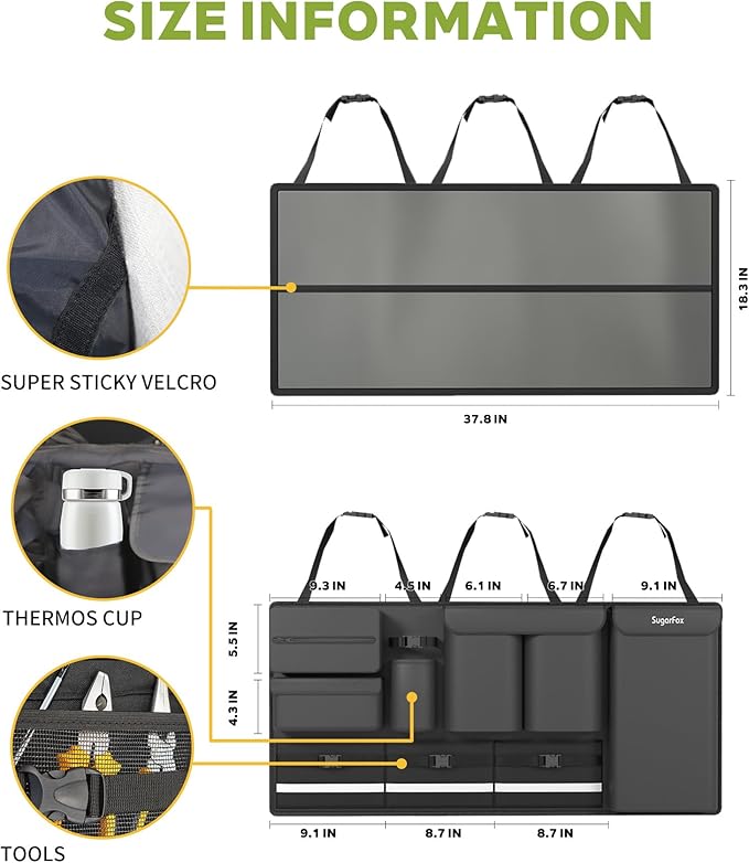 Backseat Hanging Trunk Organizer for SUVs, Cars, Trucks & MPVs | Multi-Pocket Storage with Anti-Slip Straps | Space-Saving Auto Accessory | Gift for Drivers | Black, 37.8" x 18.1" - K230